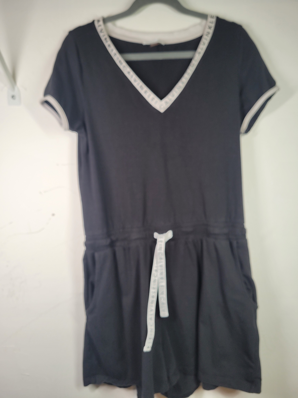 Calvin Klein Black Short Sleeve V‑Neck Drawstring Romper with White Trim